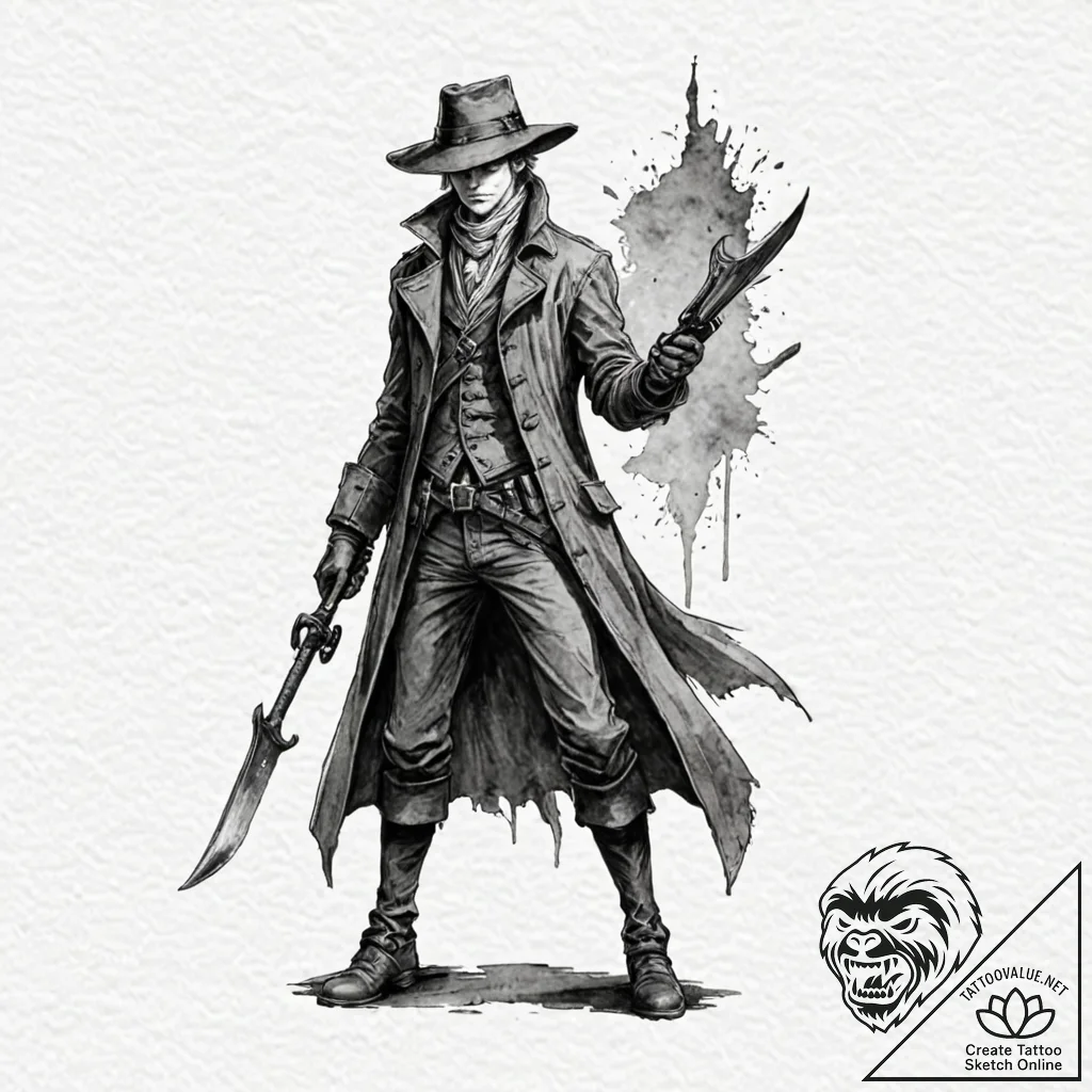 A hunter from bloodborne with saw cleaver, ar... - tattoo sketch (№1751911497_0, 07.07.2025 18:04) — tattoovalue.net