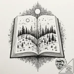 A book with a fantasy world growing from its… – tattoo sketch (№1751914205_0, 07.07.2025 18:50) — tattoovalue.net