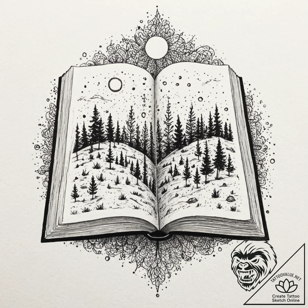 A book with a fantasy world growing from its... - tattoo sketch (№1751914205_0, 07.07.2025 18:50) — tattoovalue.net