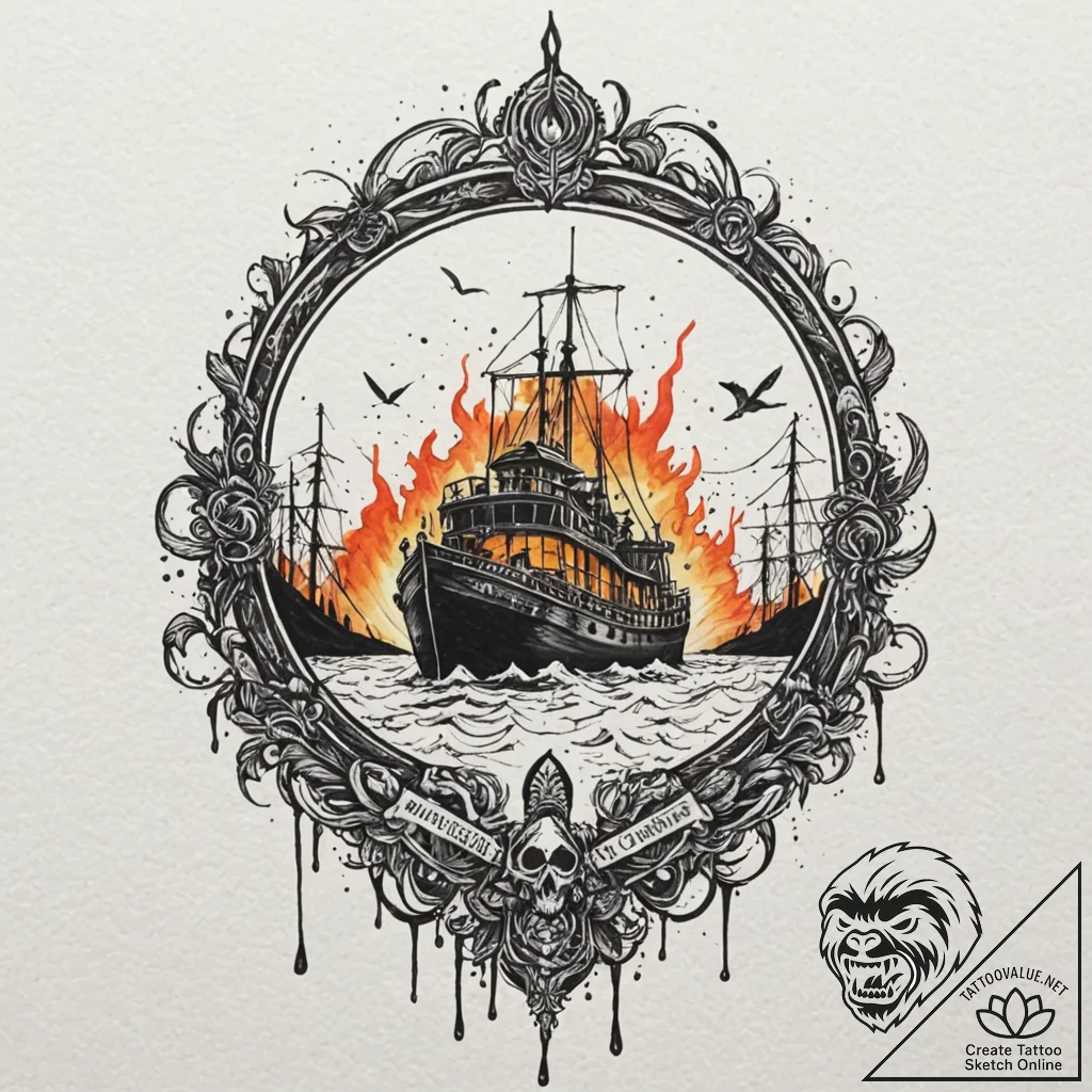 A trash polka tattoo of the "boat" scene from... - tattoo sketch (№1751914711_0, 07.07.2025 18:58) — tattoovalue.net