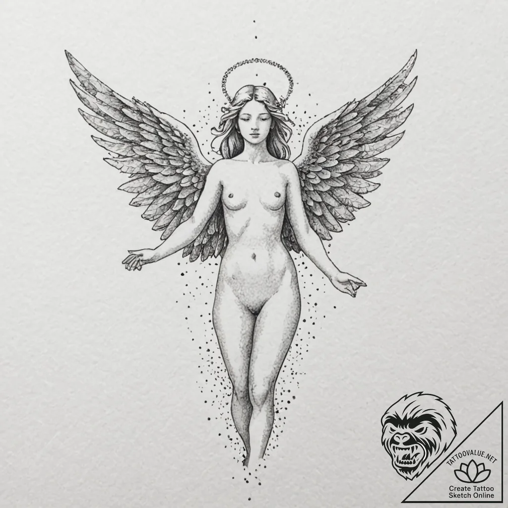 Angel, concept art for tattoo, studio lightin... - tattoo sketch (№1751916480_0, 07.07.2025 19:28) — tattoovalue.net