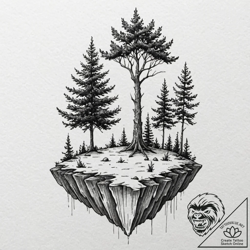 A floating island with a single tree, concept... - tattoo sketch (№1751918162_0, 07.07.2025 19:56) — tattoovalue.net