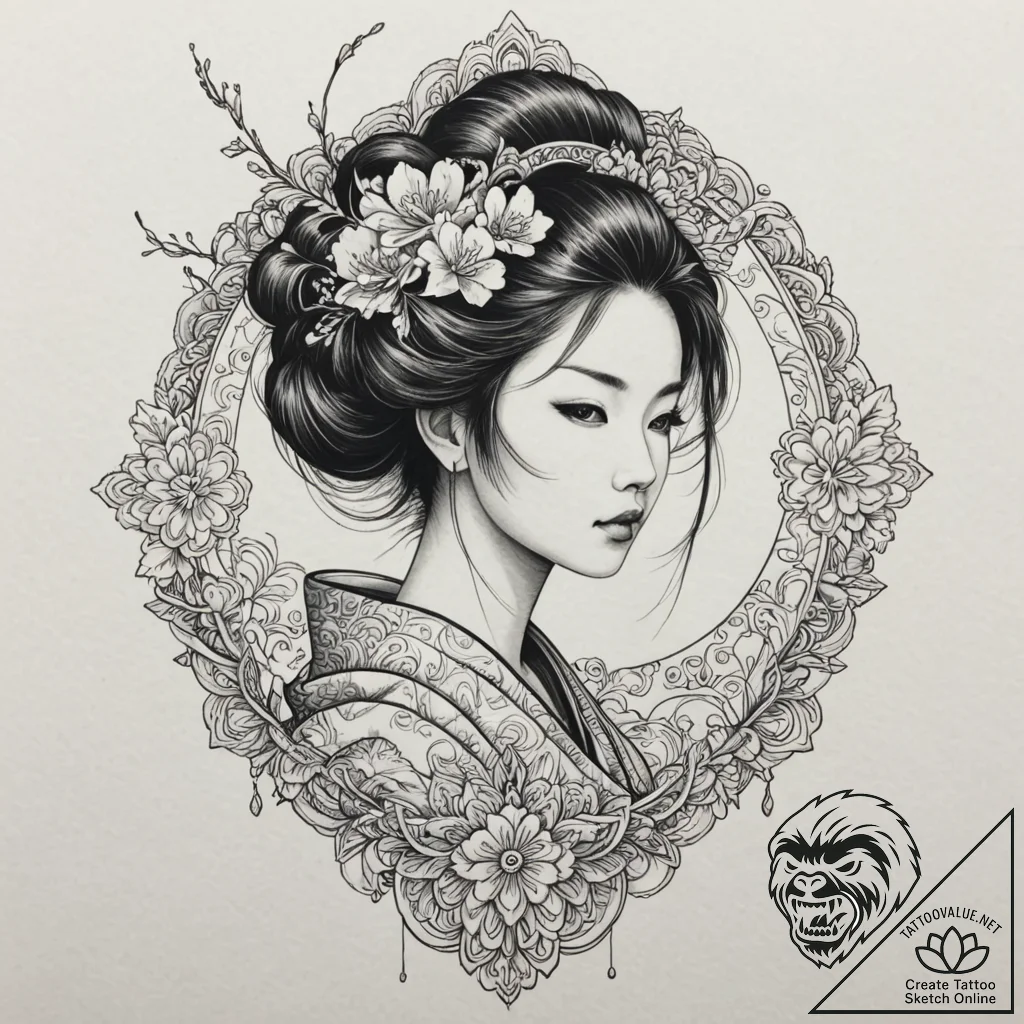 Geisha, tattoo line art, ornamental tattoo, d... - tattoo sketch (№1751919622_0, 07.07.2025 20:20) — tattoovalue.net