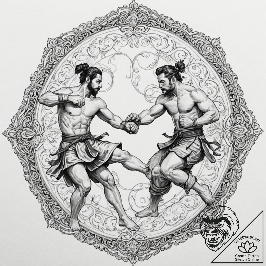 A linework tattoo of two figures sparring in... - tattoo sketch (№1751919706_0, 07.07.2025 20:21) — tattoovalue.net