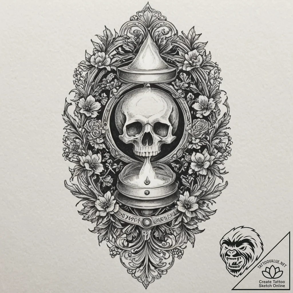 A memento mori still life (skull, hourglass,... - tattoo sketch (№1751920553_0, 07.07.2025 20:35) — tattoovalue.net