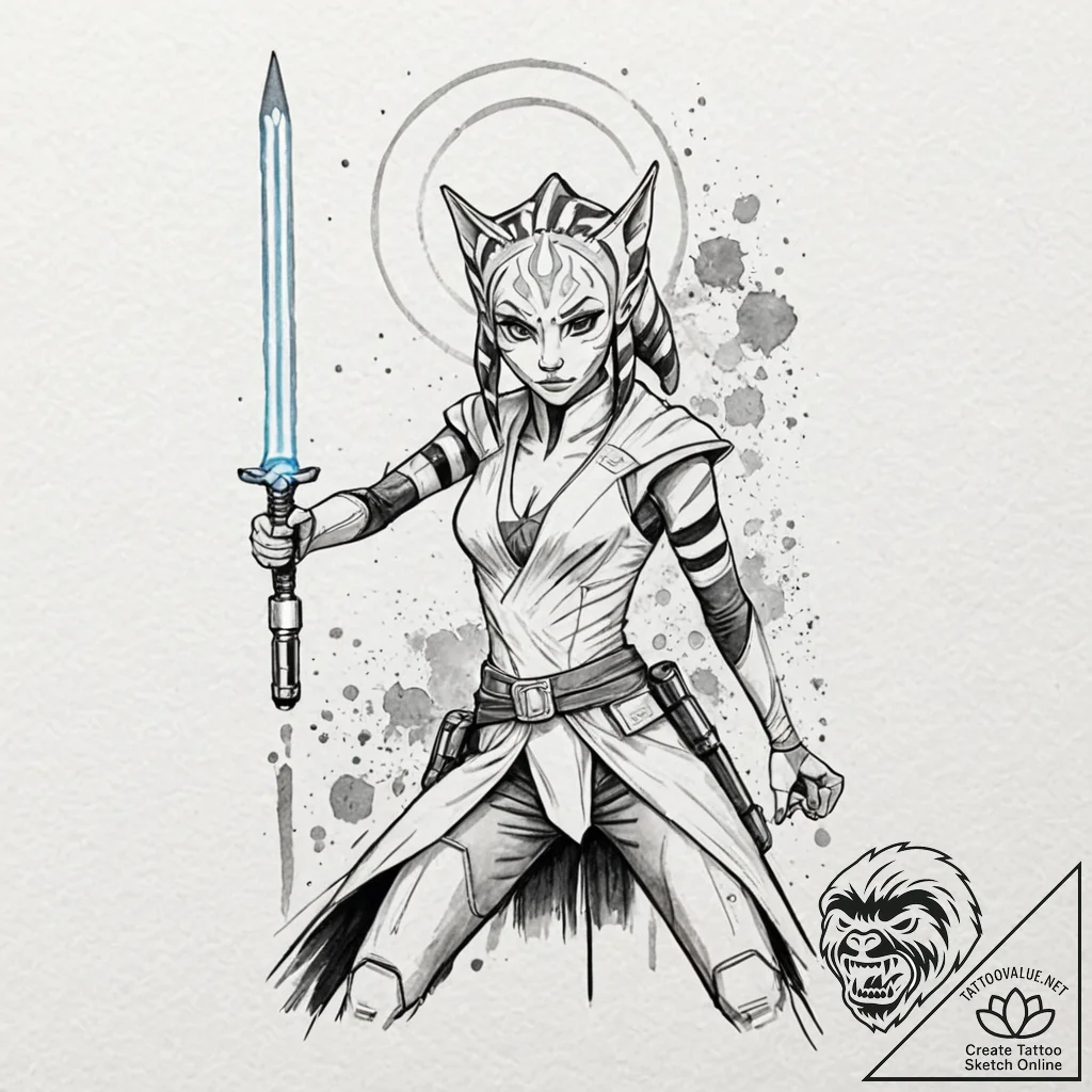 Linework tattoo of ahsoka tano with her two l... - tattoo sketch (№1751920891_0, 07.07.2025 20:41) — tattoovalue.net