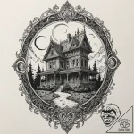 A haunted house silhouette, concept art for t… – tattoo sketch (№1751921397_0, 07.07.2025 20:49) — tattoovalue.net