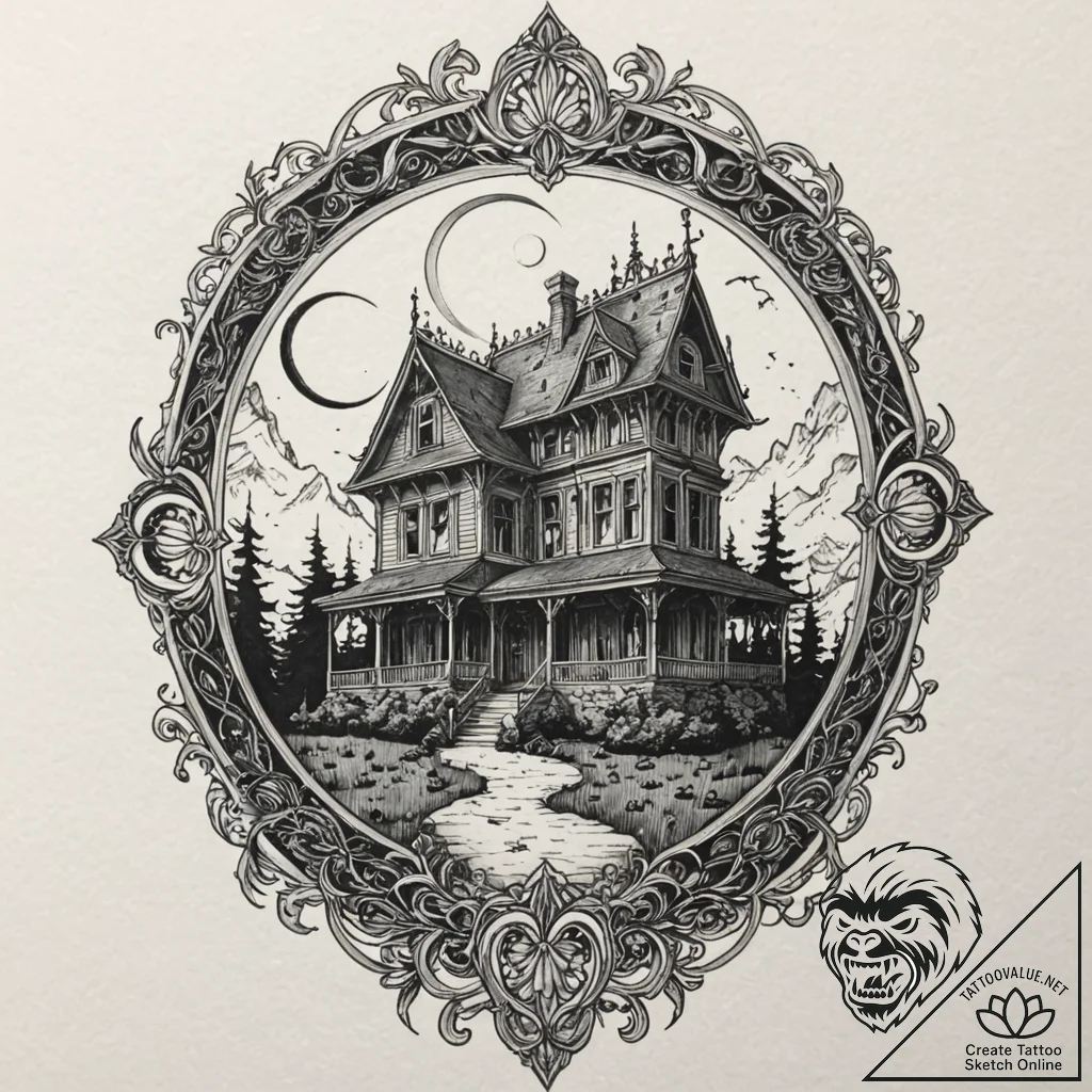 A haunted house silhouette, concept art for t... - tattoo sketch (№1751921397_0, 07.07.2025 20:49) — tattoovalue.net