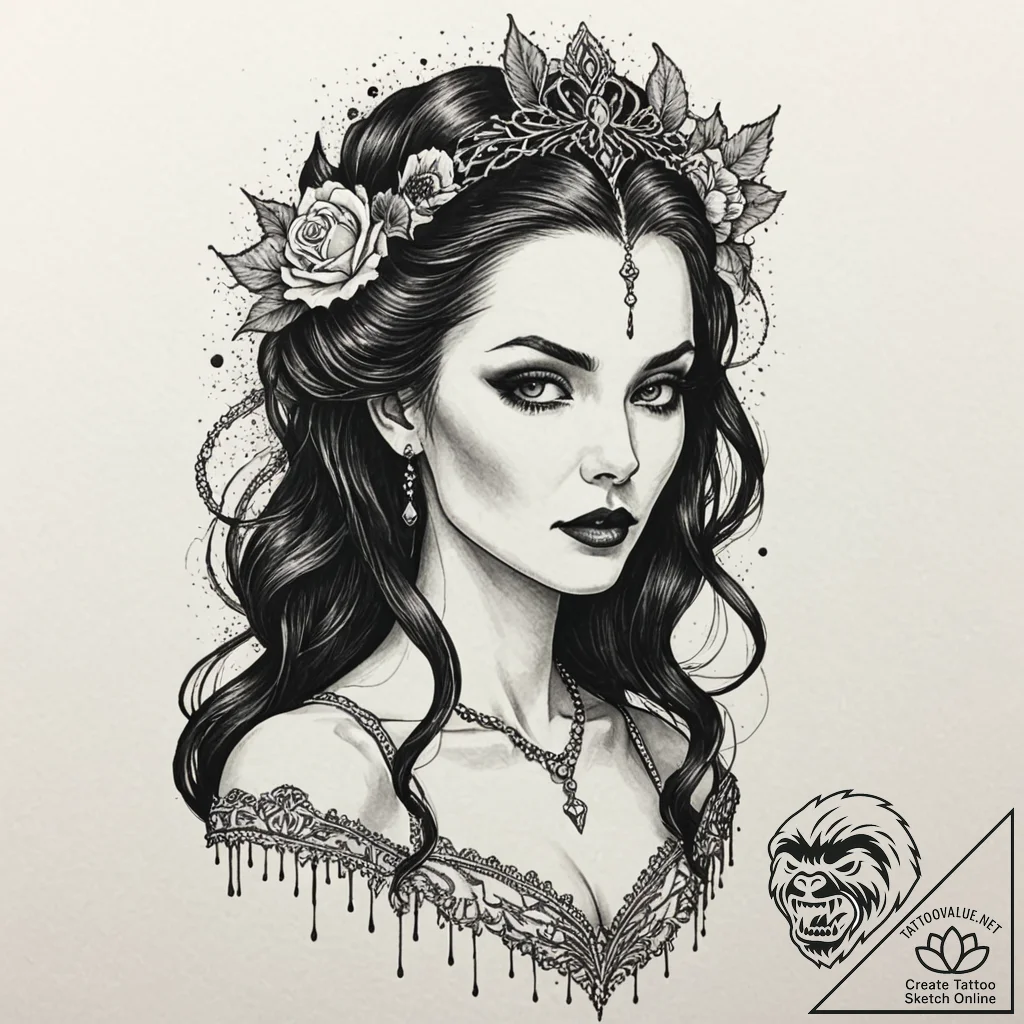 A neo-traditional tattoo of a beautiful vampi... - tattoo sketch (№1751923869_0, 07.07.2025 21:31) — tattoovalue.net