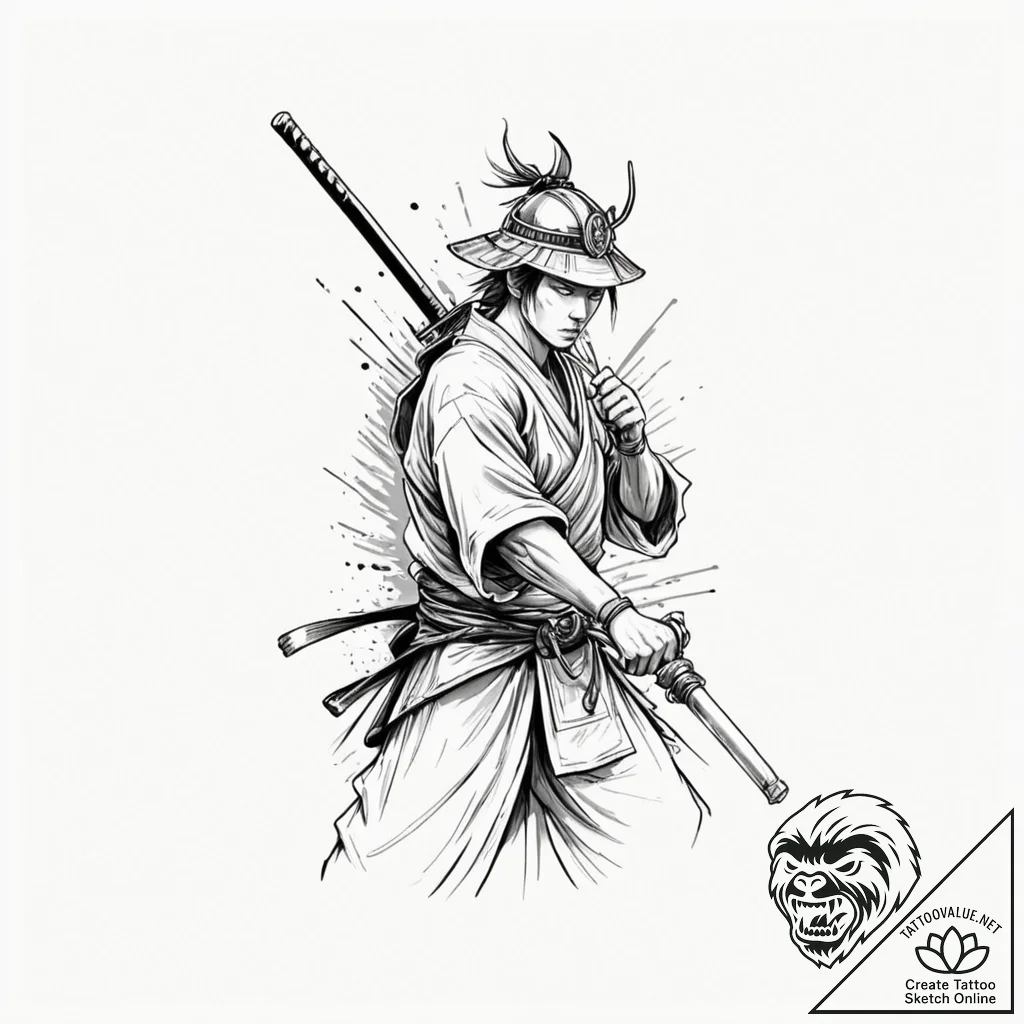Samurai, tattoo line art, clear image, sharp... - tattoo sketch (№1751925401_0, 07.07.2025 21:56) — tattoovalue.net