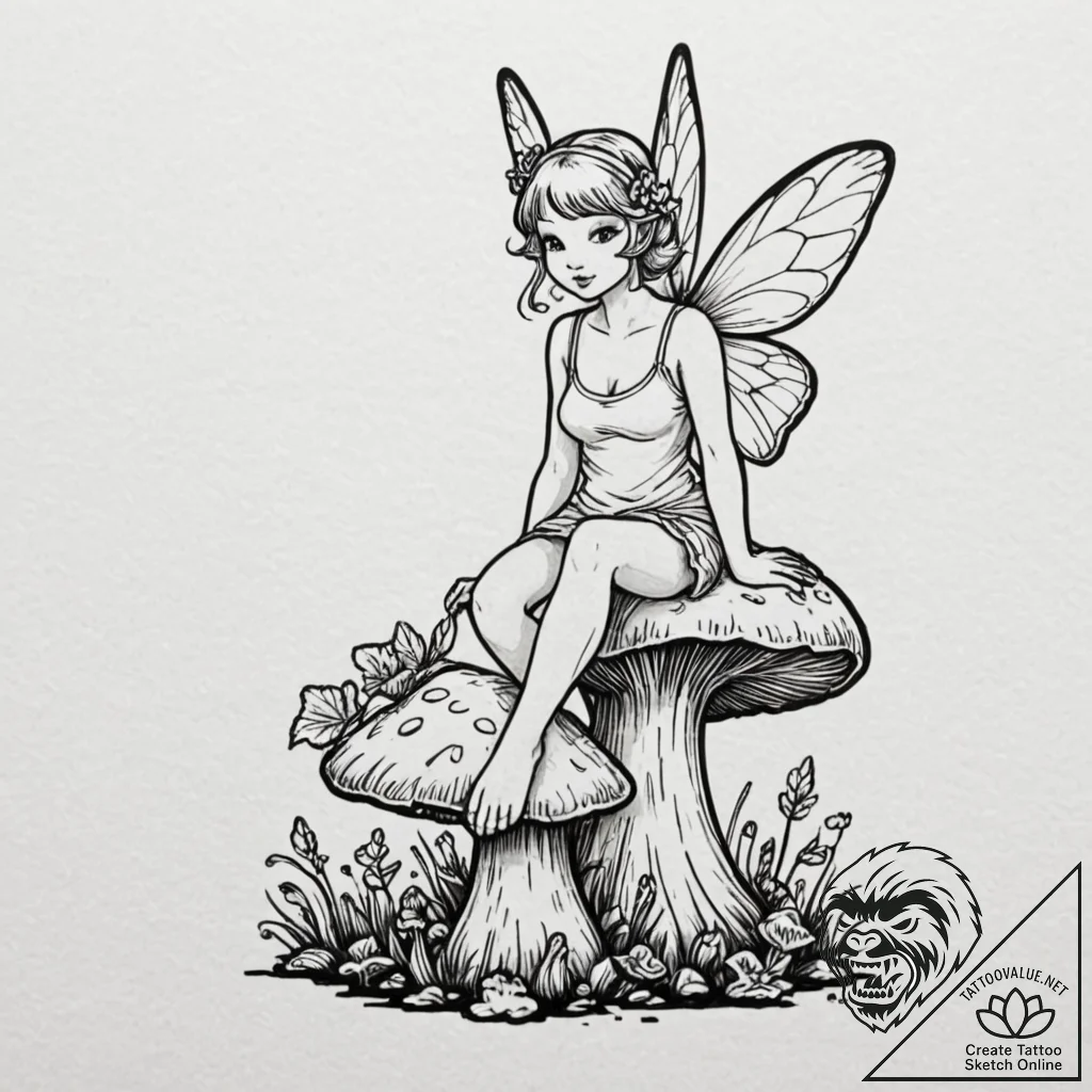 Fairy sitting on a mushroom, tattoo drawing o... - tattoo sketch (№1751925571_0, 07.07.2025 21:59) — tattoovalue.net