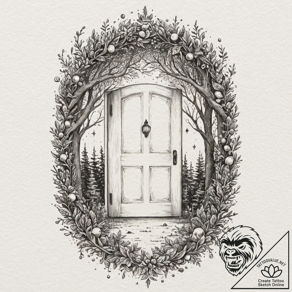An open door in the middle of a forest leadin... - tattoo sketch (№1751925655_0, 07.07.2025 22:00) — tattoovalue.net