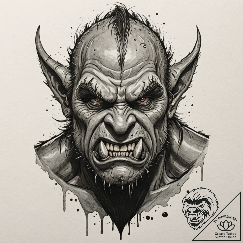 A trash polka tattoo of an orc's snarling fac... - tattoo sketch (№1751927185_0, 07.07.2025 22:26) — tattoovalue.net