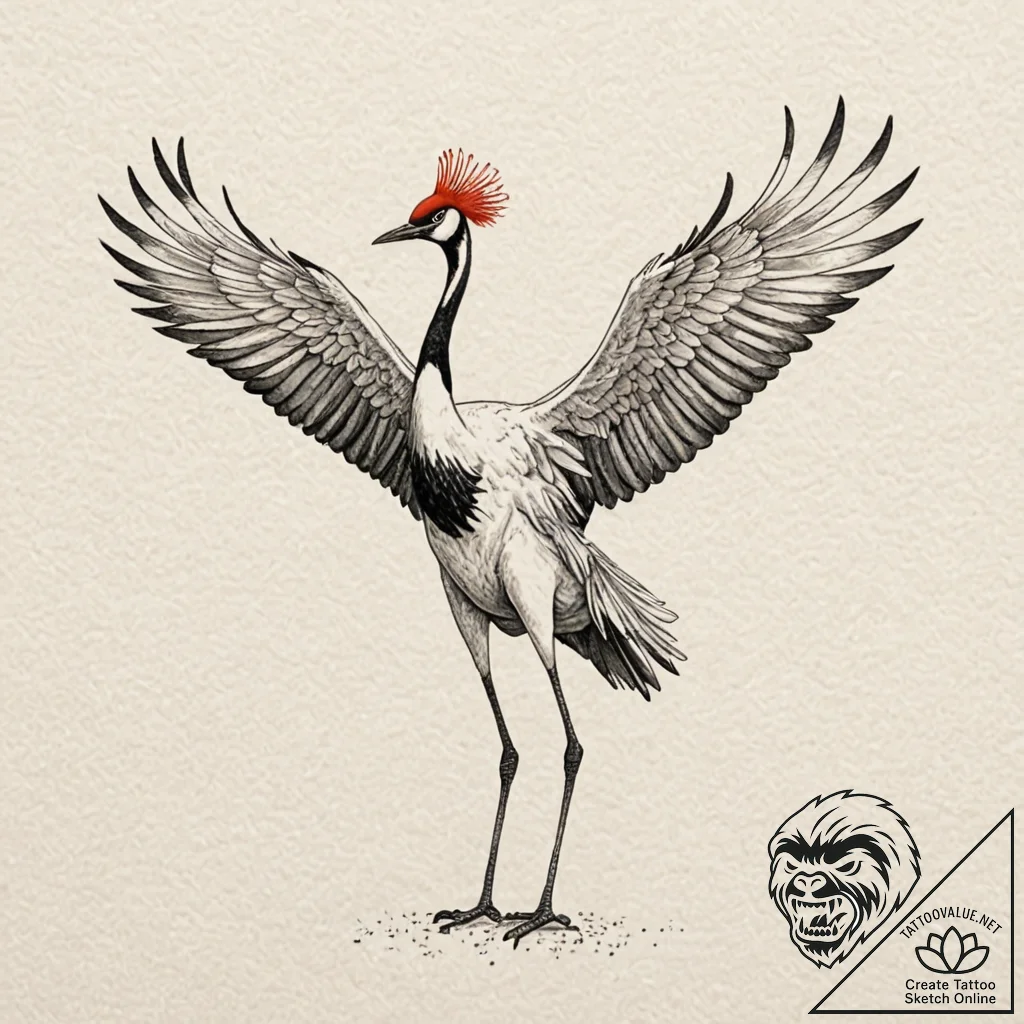 A red-crowned crane dancing, concept art for... - tattoo sketch (№1751927950_0, 07.07.2025 22:39) — tattoovalue.net