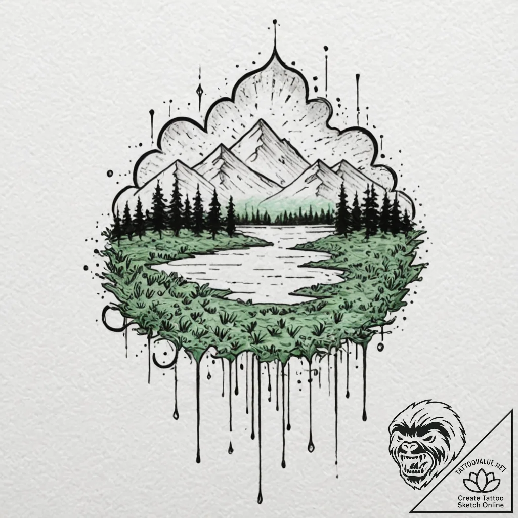 A watercolor sketch of the green code rain fo... - tattoo sketch (№1751928890_0, 07.07.2025 22:54) — tattoovalue.net