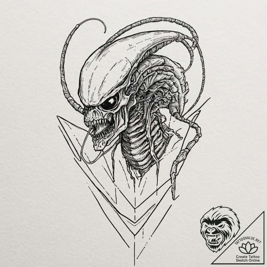 A xenomorph from alien, ink illustration for... - tattoo sketch (№1751929316_0, 07.07.2025 23:01) — tattoovalue.net