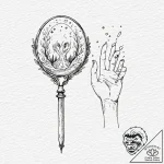 A hand mirror reflecting a ghostly figure, ta… – tattoo sketch (№1751929829_0, 07.07.2025 23:10) — tattoovalue.net