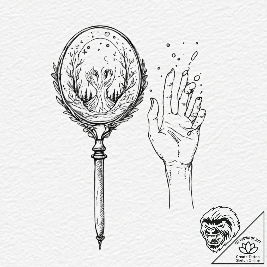 A hand mirror reflecting a ghostly figure, ta... - tattoo sketch (№1751929829_0, 07.07.2025 23:10) — tattoovalue.net