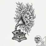 A gramophone with flowers growing out of the… – tattoo sketch (№1751929998_0, 07.07.2025 23:13) — tattoovalue.net