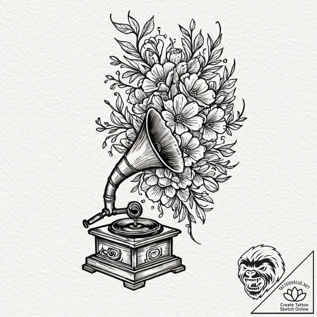 A gramophone with flowers growing out of the... - tattoo sketch (№1751929998_0, 07.07.2025 23:13) — tattoovalue.net