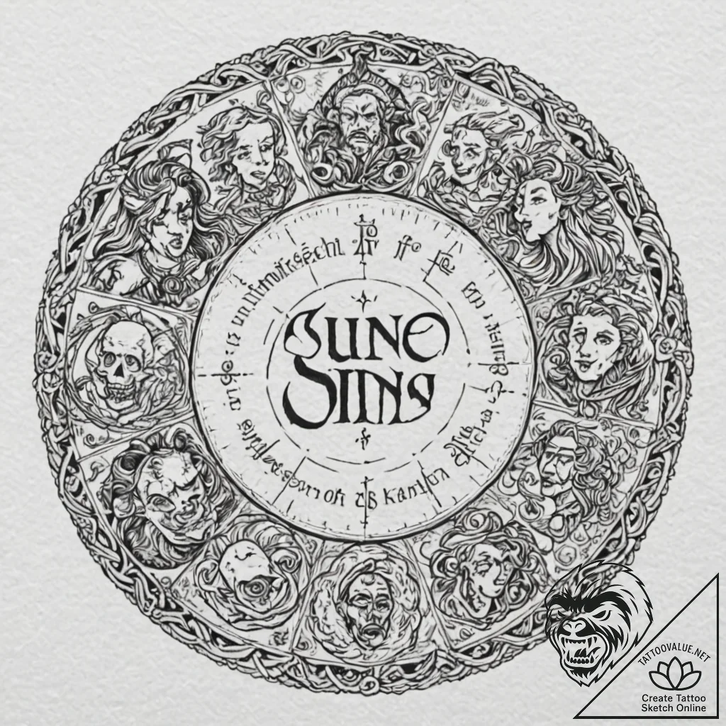 A linework tattoo of the seven deadly sins wr... - tattoo sketch (№1751931784_0, 07.07.2025 23:43) — tattoovalue.net