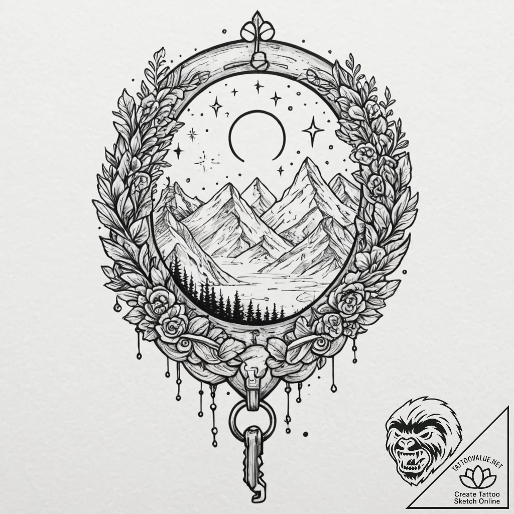 A key unlocking a galaxy in a keyhole, ink il... - tattoo sketch (№1751932963_0, 08.07.2025 00:02) — tattoovalue.net