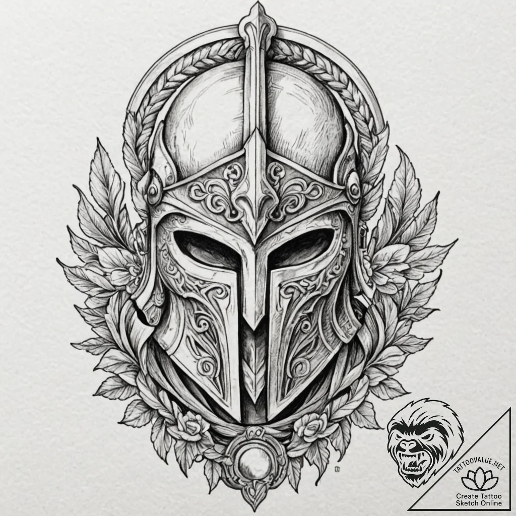 Spartan helmet, tattoo sketch design, sepia t... - tattoo sketch (№1751934232_0, 08.07.2025 00:23) — tattoovalue.net