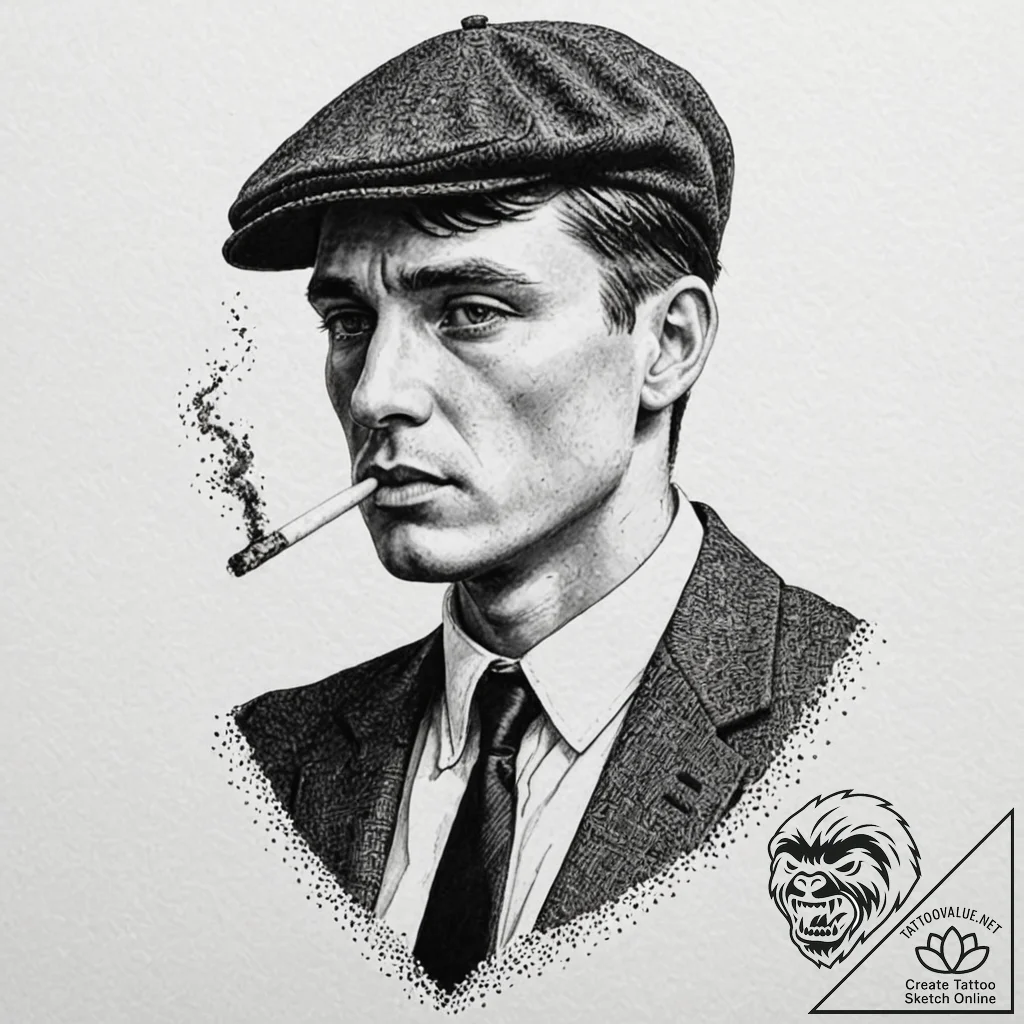 A trash polka portrait of tommy shelby, with... - tattoo sketch (№1751935339_0, 08.07.2025 00:42) — tattoovalue.net