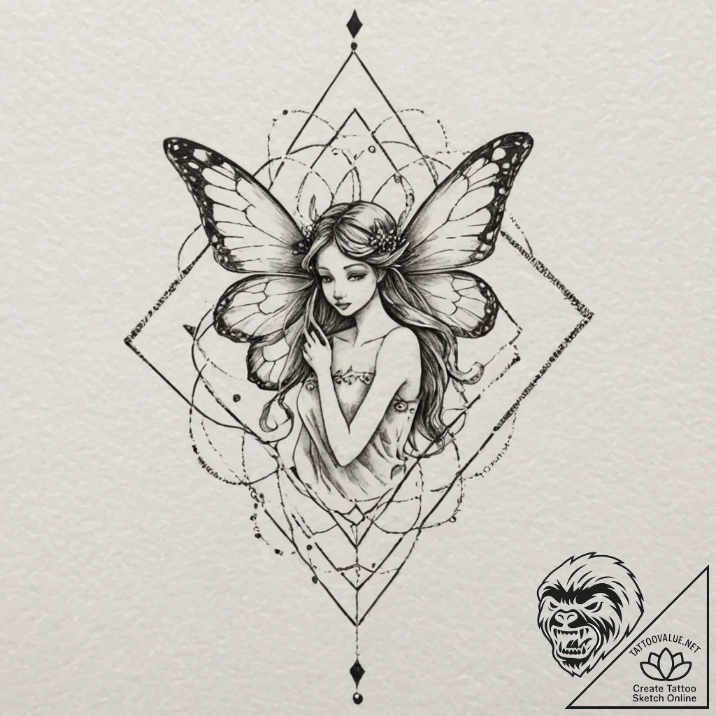 Fairy, concept art for tattoo, sepia tone ske... - tattoo sketch (№1751935508_0, 08.07.2025 00:45) — tattoovalue.net