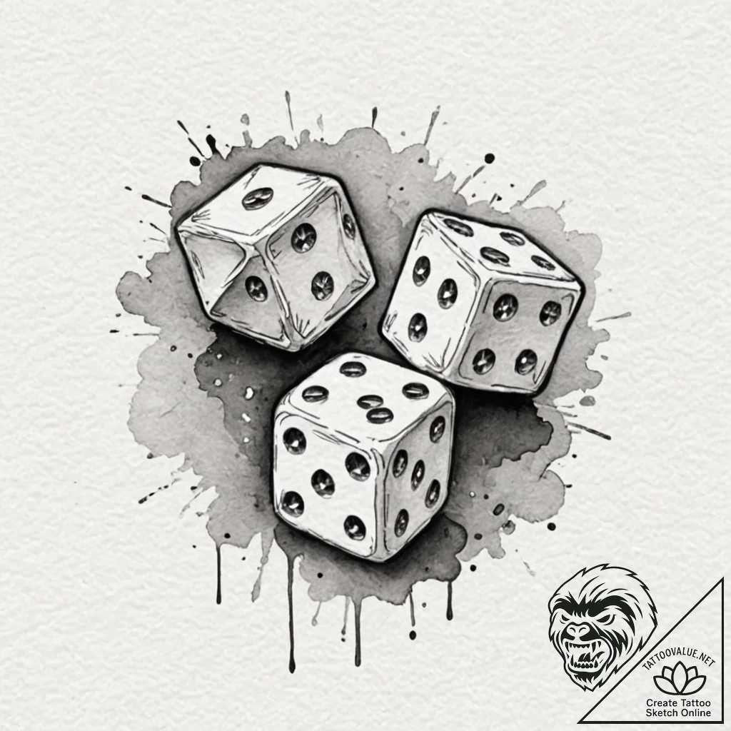 Dice, ink illustration for tattoo, subtle dro... - tattoo sketch (№1751936097_0, 08.07.2025 00:54) — tattoovalue.net