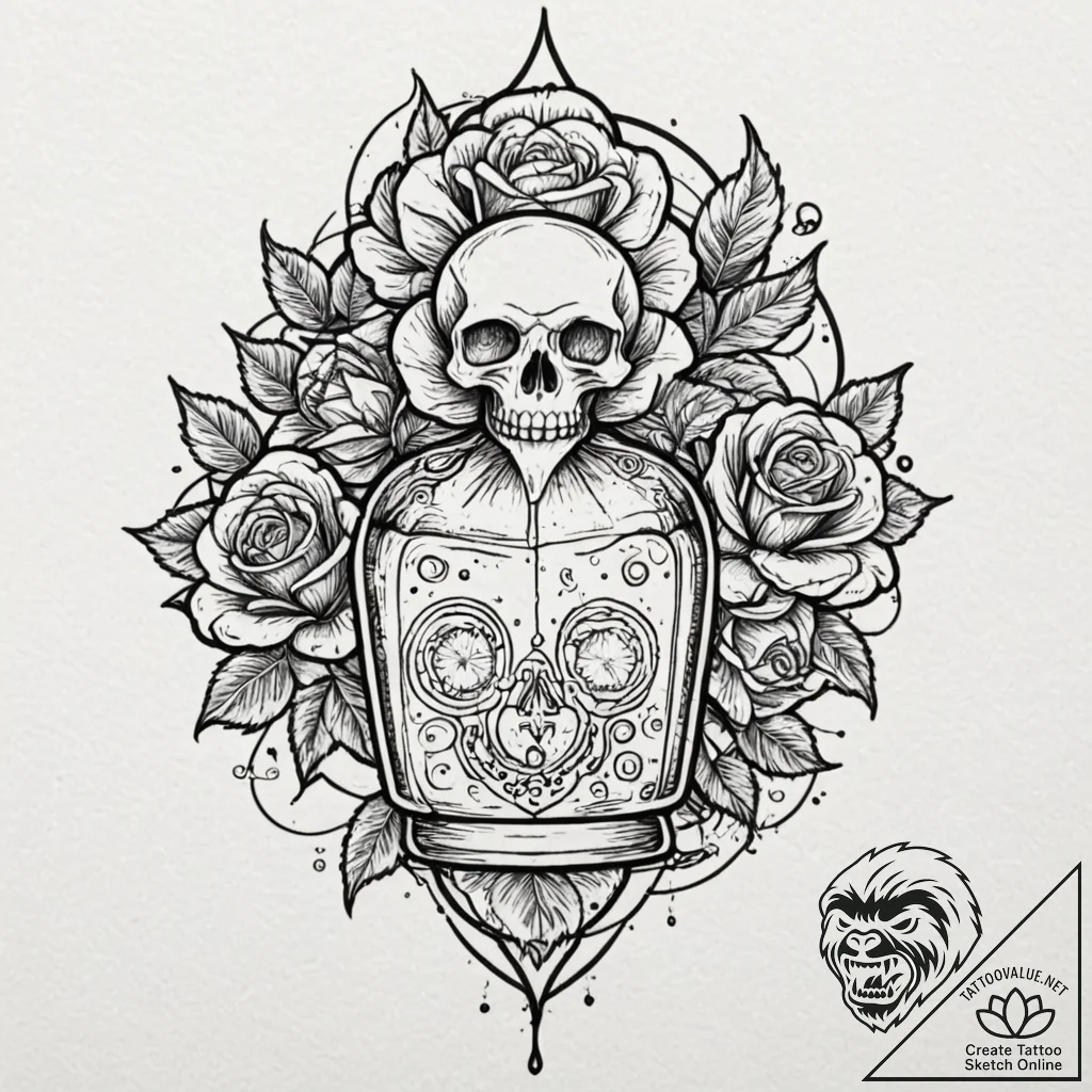A linework design of a magic potion bottle, w... - tattoo sketch (№1751936603_0, 08.07.2025 01:03) — tattoovalue.net