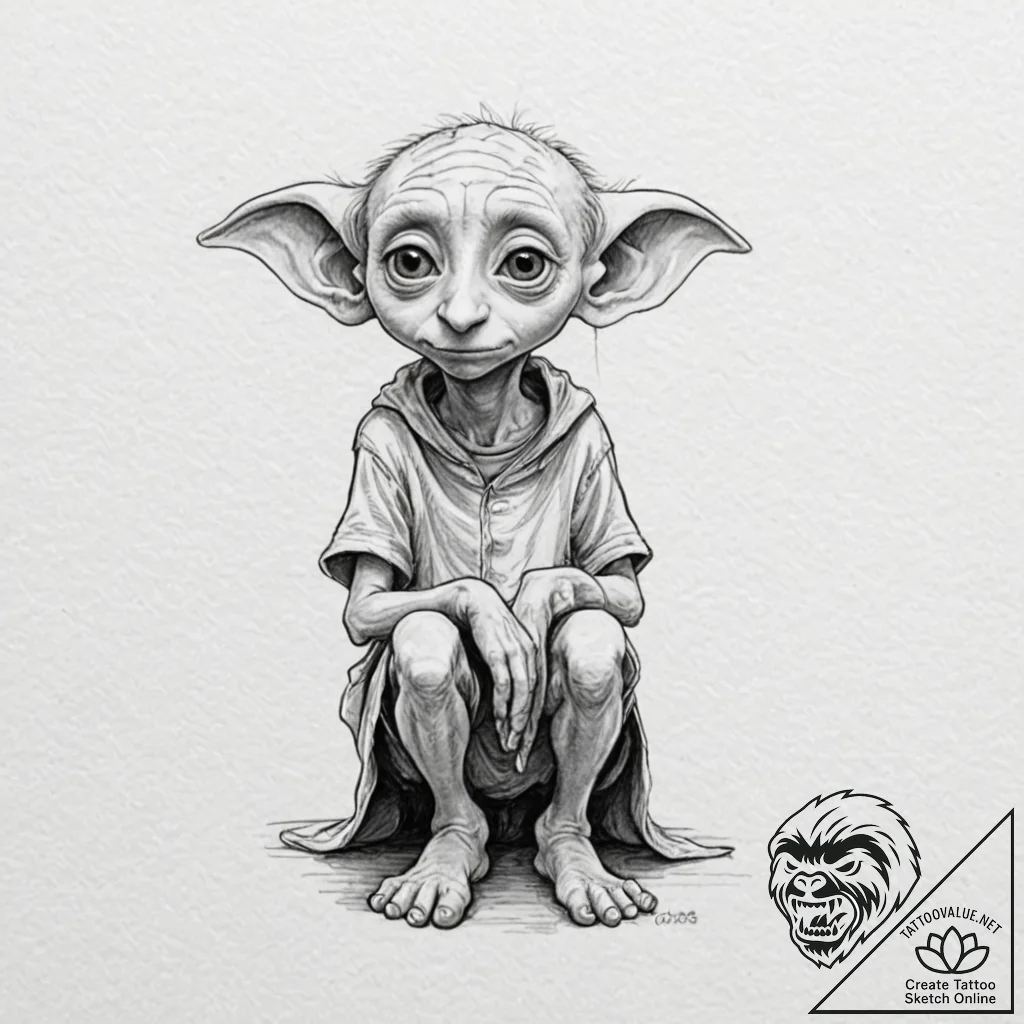 A sketch of dobby the house-elf, with his big... - tattoo sketch (№1751937443_0, 08.07.2025 01:17) — tattoovalue.net