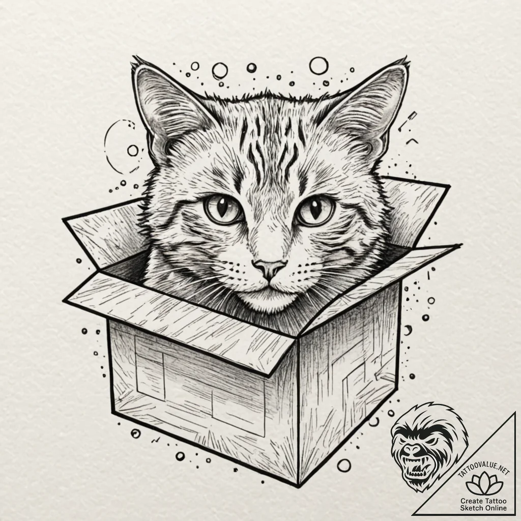Schrodinger's cat in a box, tattoo drawing ou... - tattoo sketch (№1751939086_0, 08.07.2025 01:44) — tattoovalue.net