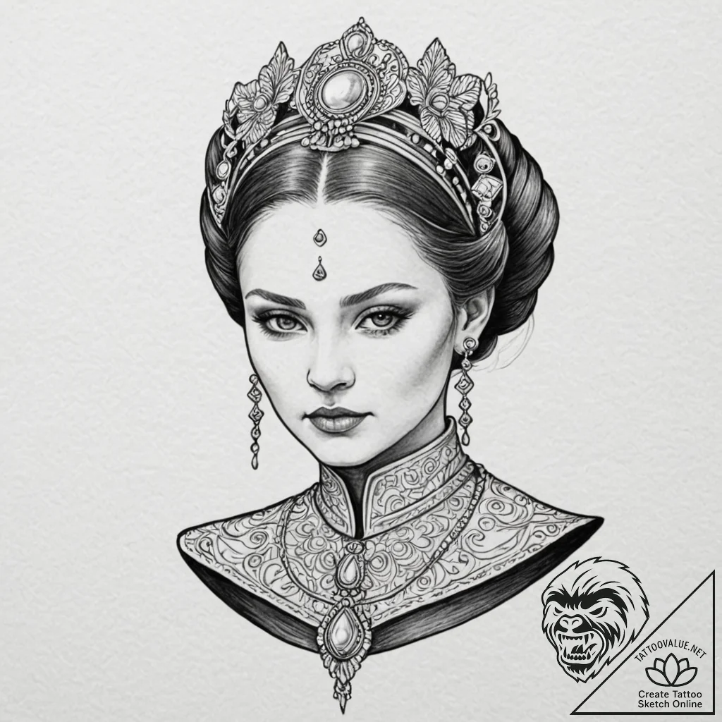 50. a sketch of queen amidala in her royal at... - tattoo sketch (№1751939170_0, 08.07.2025 01:46) — tattoovalue.net