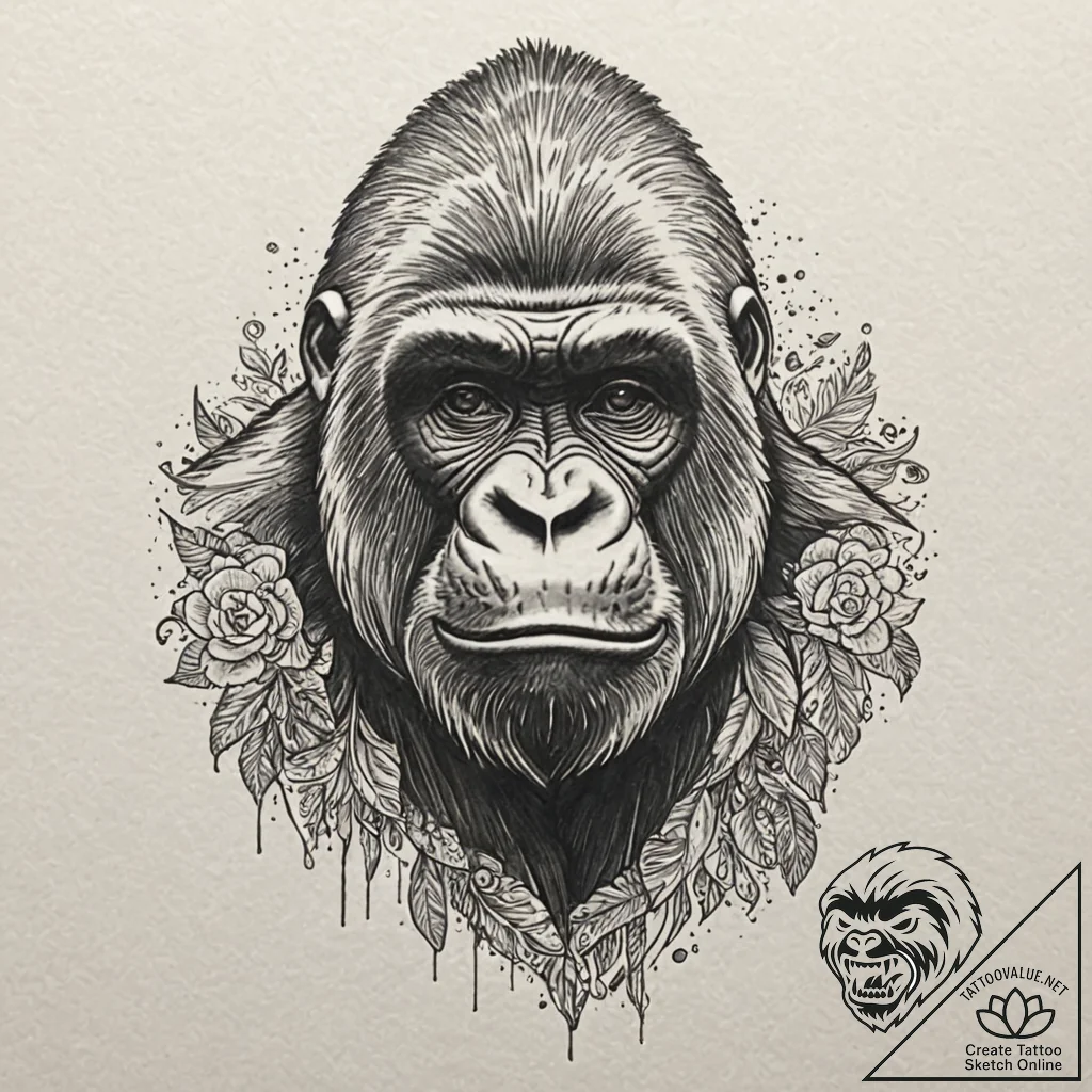 Gorilla, tattoo flash sheet design, vibrant c... - tattoo sketch (№1751942046_0, 08.07.2025 02:34) — tattoovalue.net