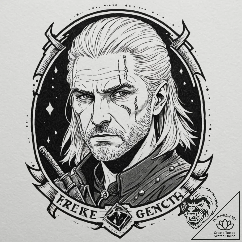 A trash polka tattoo of geralt of rivia, his... - tattoo sketch (№1751942889_0, 08.07.2025 02:48) — tattoovalue.net