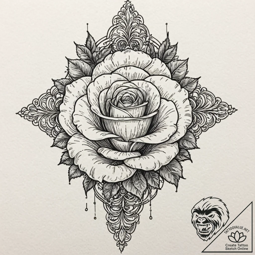 Rose, artistic tattoo sketch, ornamental tatt... - tattoo sketch (№1751942973_0, 08.07.2025 02:49) — tattoovalue.net