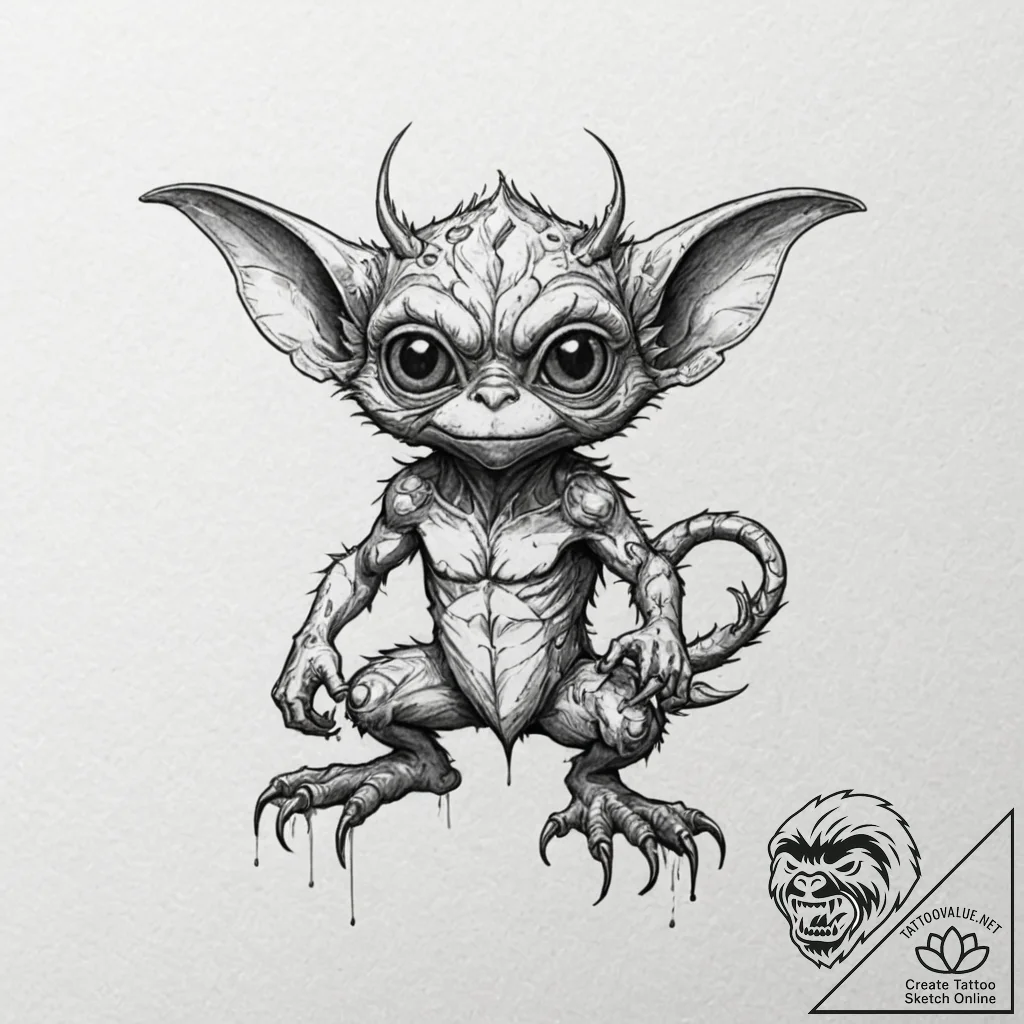 A trash polka tattoo of a gremlin, transformi... - tattoo sketch (№1751943226_0, 08.07.2025 02:53) — tattoovalue.net