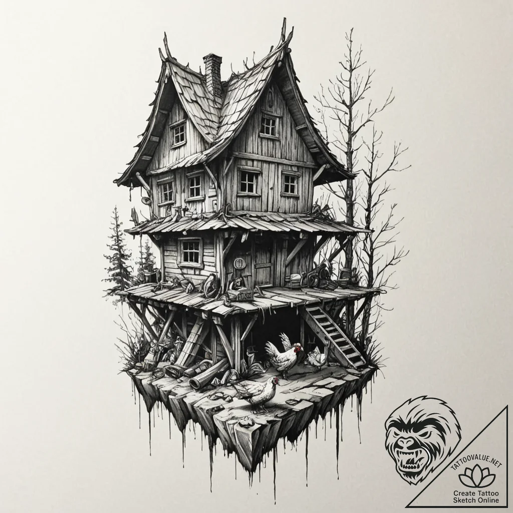 Baba yaga's hut on chicken legs, tattoo sketc... - tattoo sketch (№1751943392_0, 08.07.2025 02:56) — tattoovalue.net