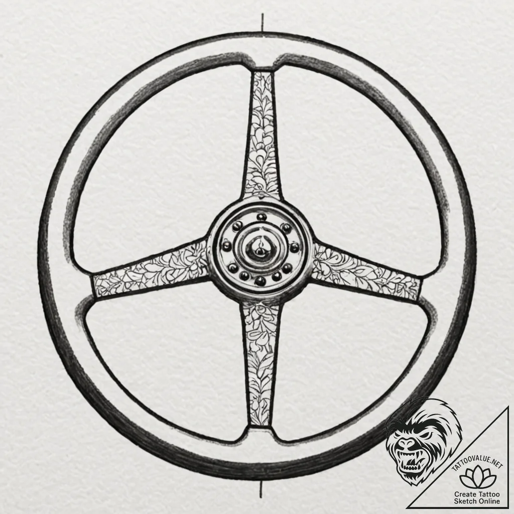 Steering wheel, artistic tattoo sketch, black... - tattoo sketch (№1751943827_0, 08.07.2025 03:03) — tattoovalue.net