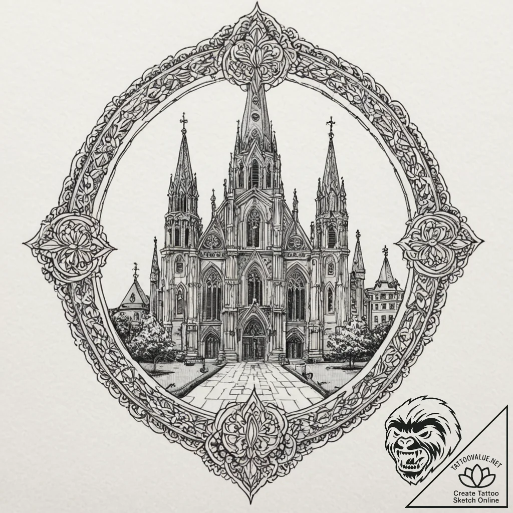 A single gothic cathedral window, tattoo line... - tattoo sketch (№1751944492_0, 08.07.2025 03:14) — tattoovalue.net
