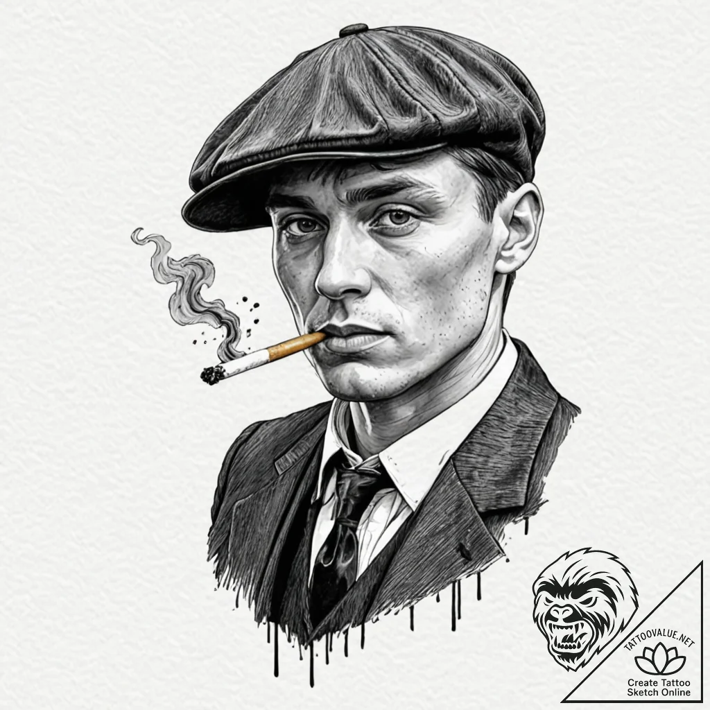A trash polka portrait of tommy shelby, with... - tattoo sketch (№1751945502_0, 08.07.2025 03:31) — tattoovalue.net