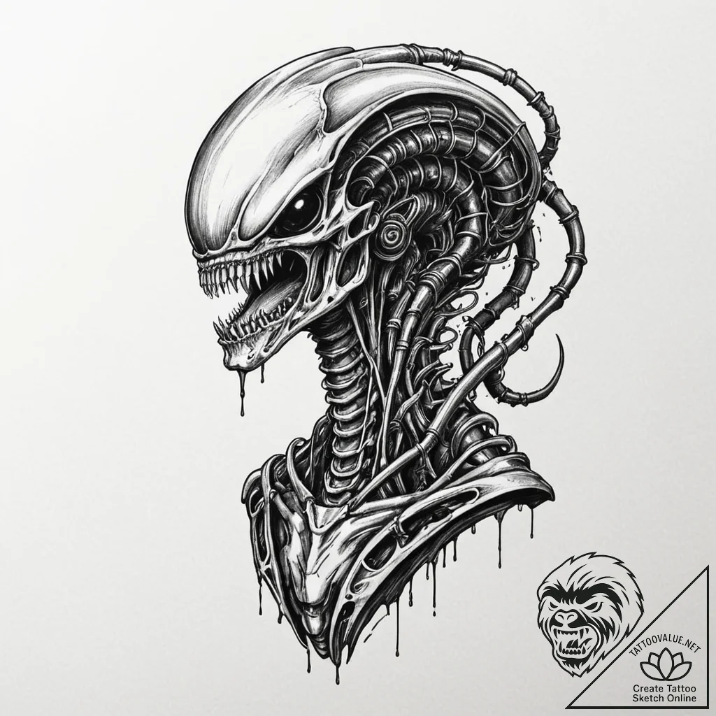 Graphic novel style tattoo of a xenomorph, wi... - tattoo sketch (№1751945673_0, 08.07.2025 03:34) — tattoovalue.net