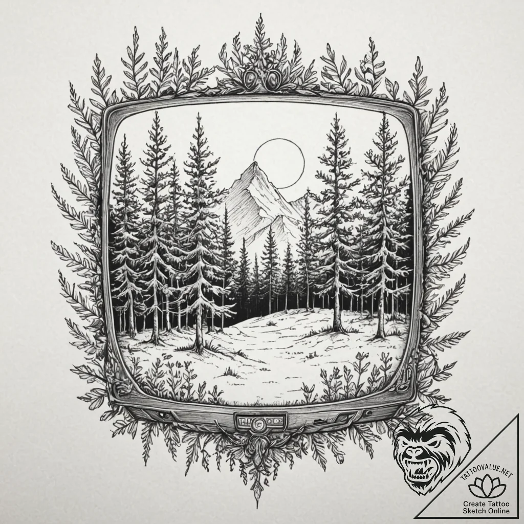 Tv with a forest growing out of the screen, t... - tattoo sketch (№1751946585_0, 08.07.2025 03:49) — tattoovalue.net
