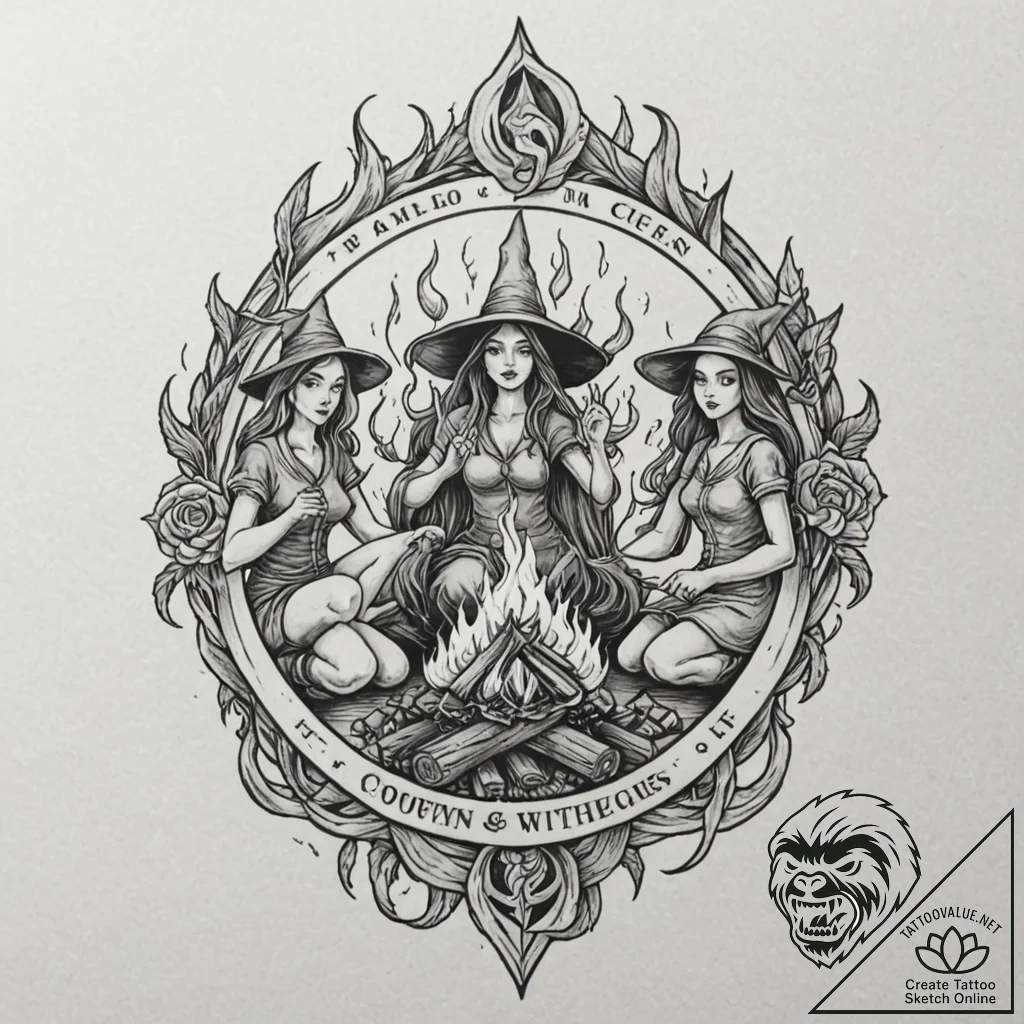 A coven of witches around a fire, tattoo line... - tattoo sketch (№1751949863_0, 08.07.2025 04:44) — tattoovalue.net