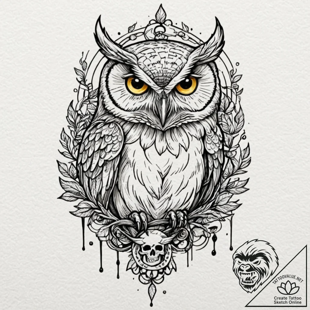 Owl with skull, tattoo drawing outline, on te... - tattoo sketch (№1751951205_0, 08.07.2025 05:06) — tattoovalue.net