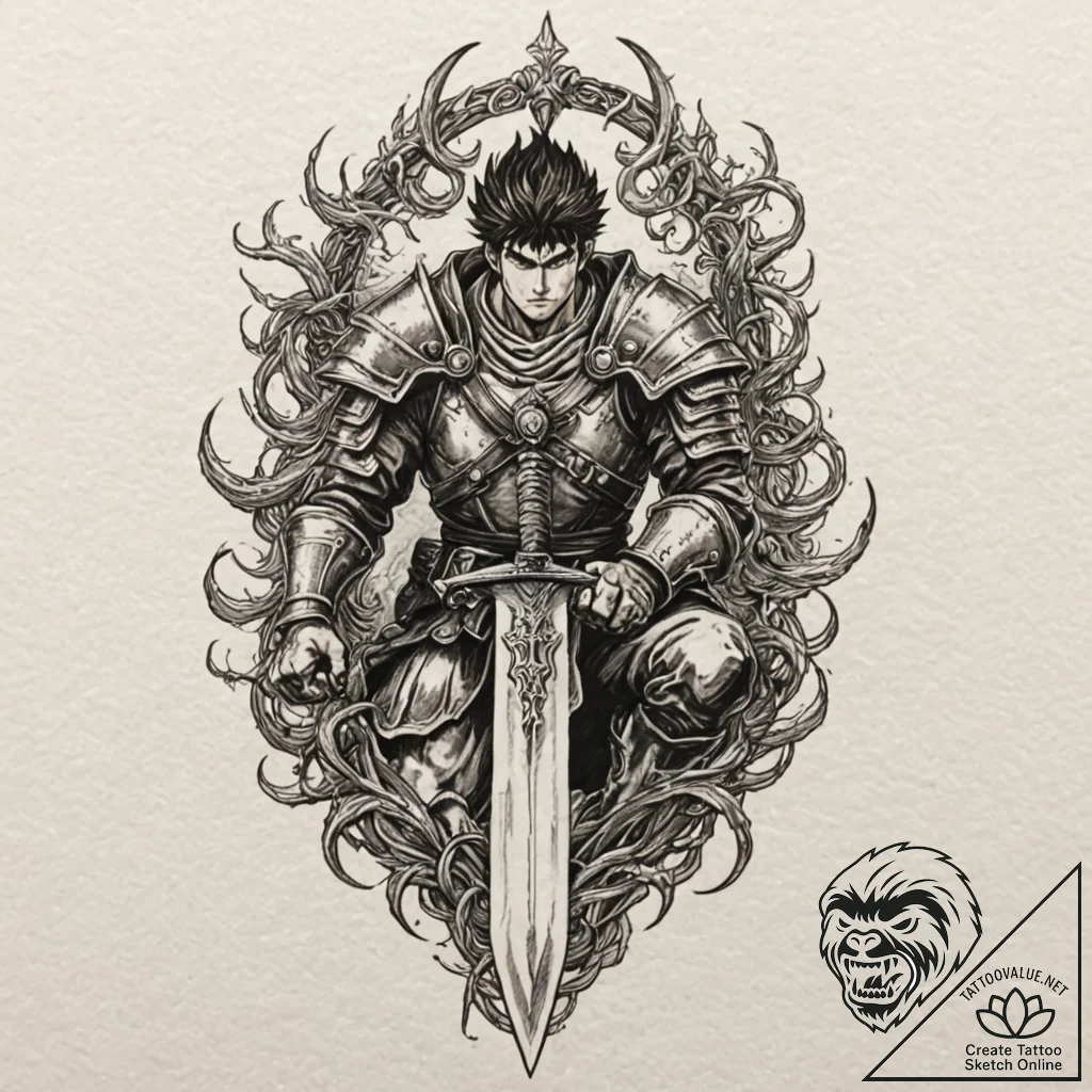 A graphic novel panel of guts from berserk, w... - tattoo sketch (№1751951289_0, 08.07.2025 05:08) — tattoovalue.net
