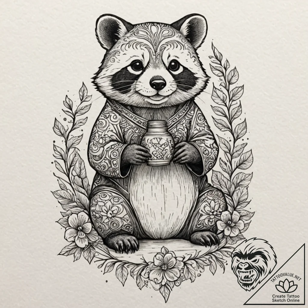 A tanuki with its sake bottle, tattoo drawing... - tattoo sketch (№1751951709_0, 08.07.2025 05:15) — tattoovalue.net