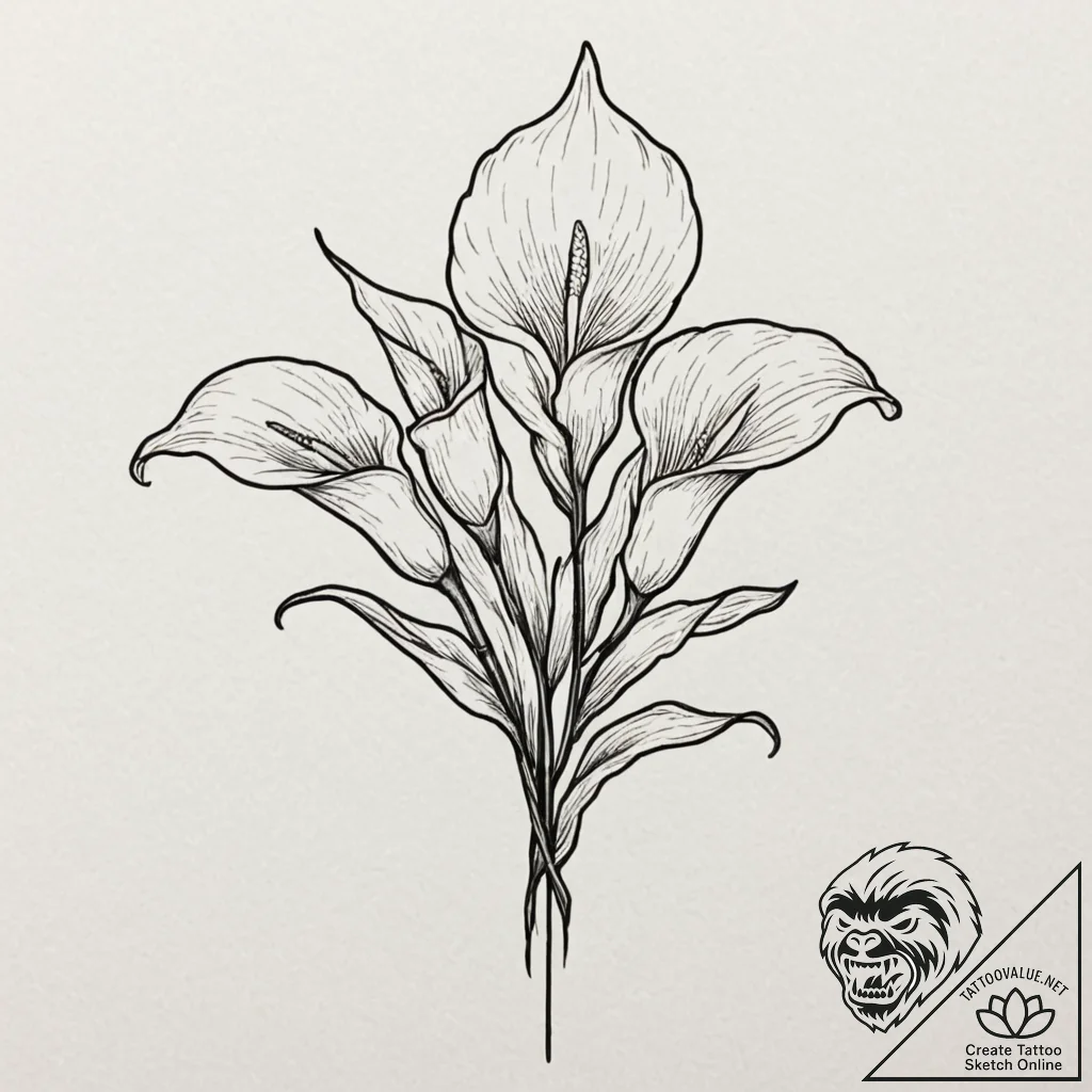Calla lilies, tattoo drawing outline, minimal... - tattoo sketch (№1751951958_0, 08.07.2025 05:19) — tattoovalue.net