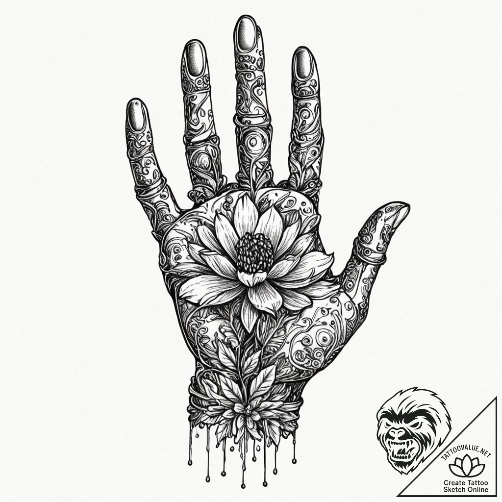 Robotic hand holding a real flower, tattoo fl... - tattoo sketch (№1751953977_0, 08.07.2025 05:52) — tattoovalue.net